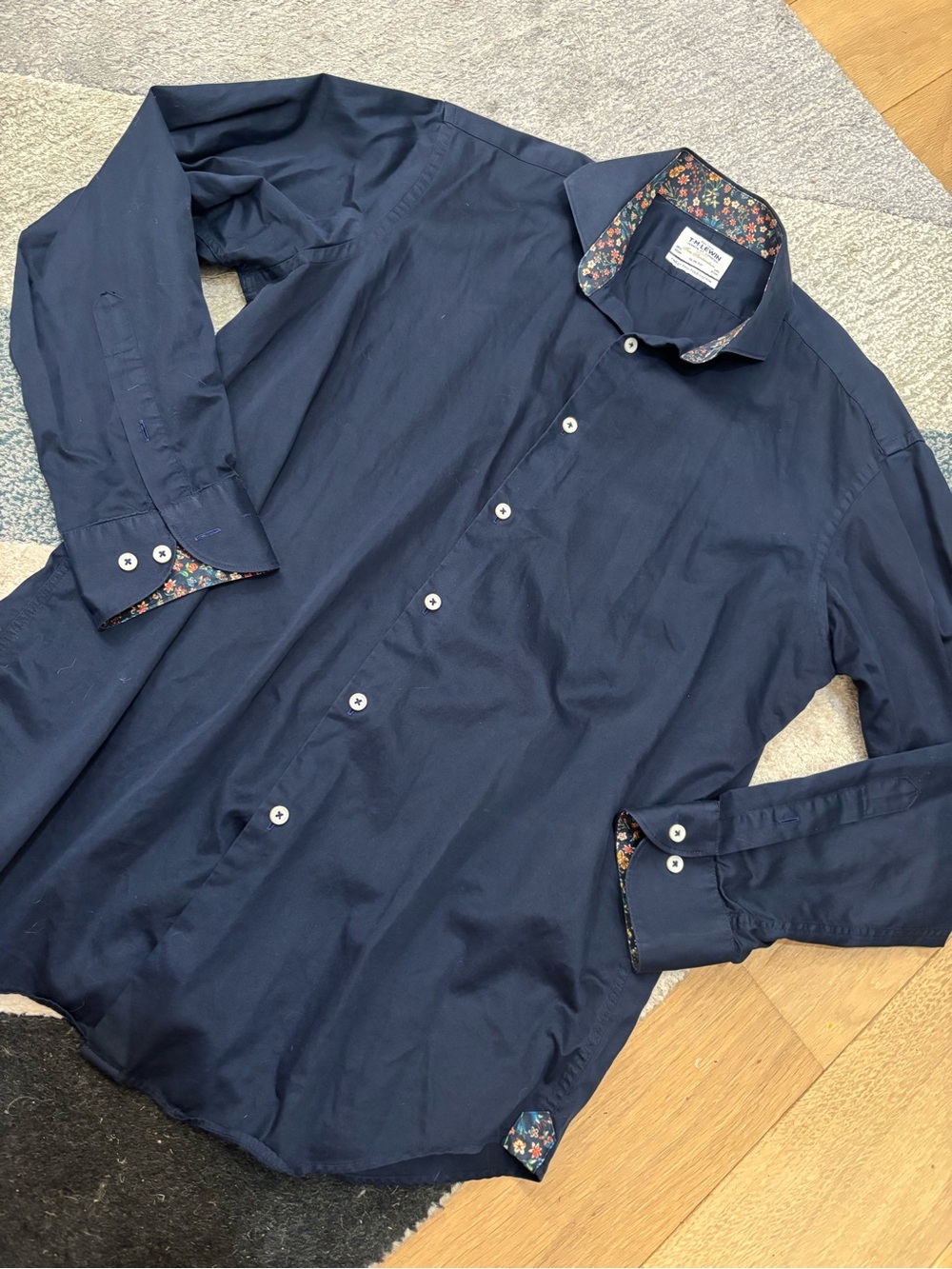 TM Lewin Mens Dress Shirt 16.5/34.5 Blue Floral Collar Slim Fit 2-Fold Cotton